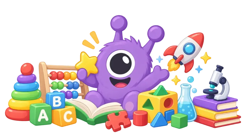 Mascotte Purpilo entourée de jouets éducatifs, livres, formes, fusée et microscope